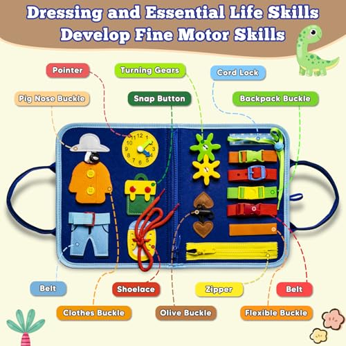 Montessori Busy Board for Toddlers 3-6, Dinosaur Theme Sensory Educational Toy for Fine Motor Skills, Travel Friendly for Airplane and Car, Gift for Boys Girls