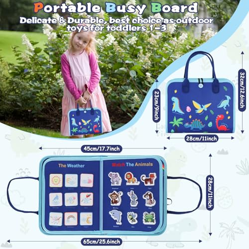 Montessori Busy Board for Toddlers 3-6, Dinosaur Theme Sensory Educational Toy for Fine Motor Skills, Travel Friendly for Airplane and Car, Gift for Boys Girls