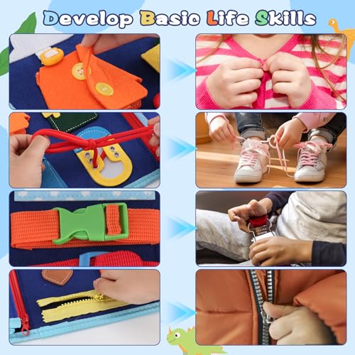 Montessori Busy Board for Toddlers 3-6, Dinosaur Theme Sensory Educational Toy for Fine Motor Skills, Travel Friendly for Airplane and Car, Gift for Boys Girls