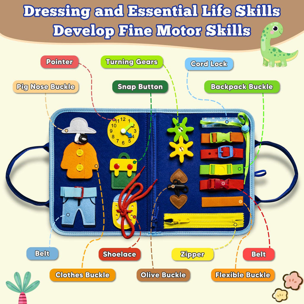 Montessori Busy Board for Toddlers 3-6, Dinosaur Theme Sensory Educational Toy for Fine Motor Skills, Travel Friendly for Airplane and Car, Gift for Boys Girls