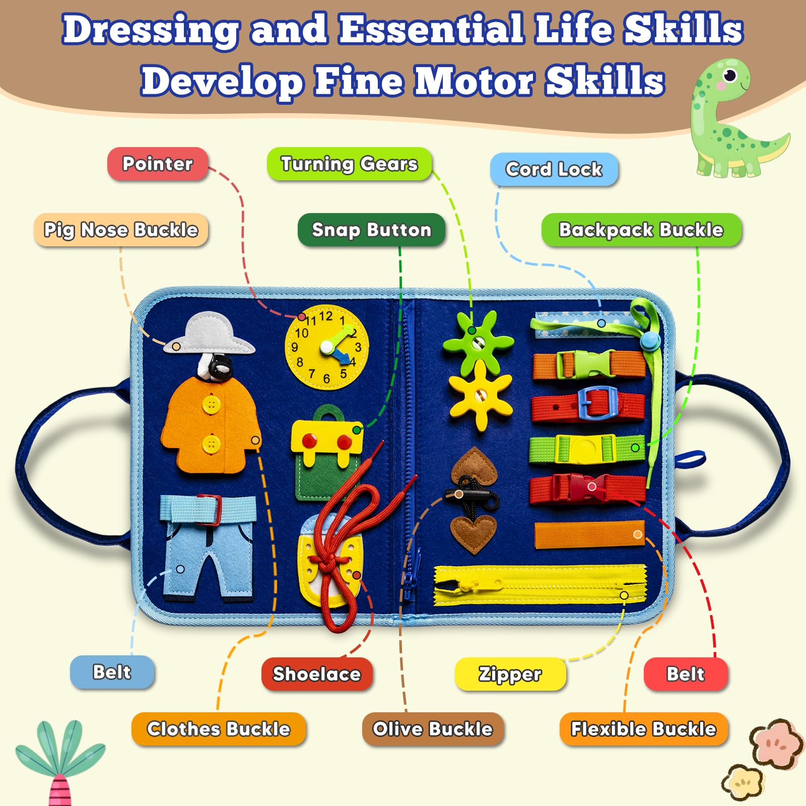 Montessori Busy Board for Toddlers 3-6, Dinosaur Theme Sensory Educational Toy for Fine Motor Skills, Travel Friendly for Airplane and Car, Gift for Boys Girls