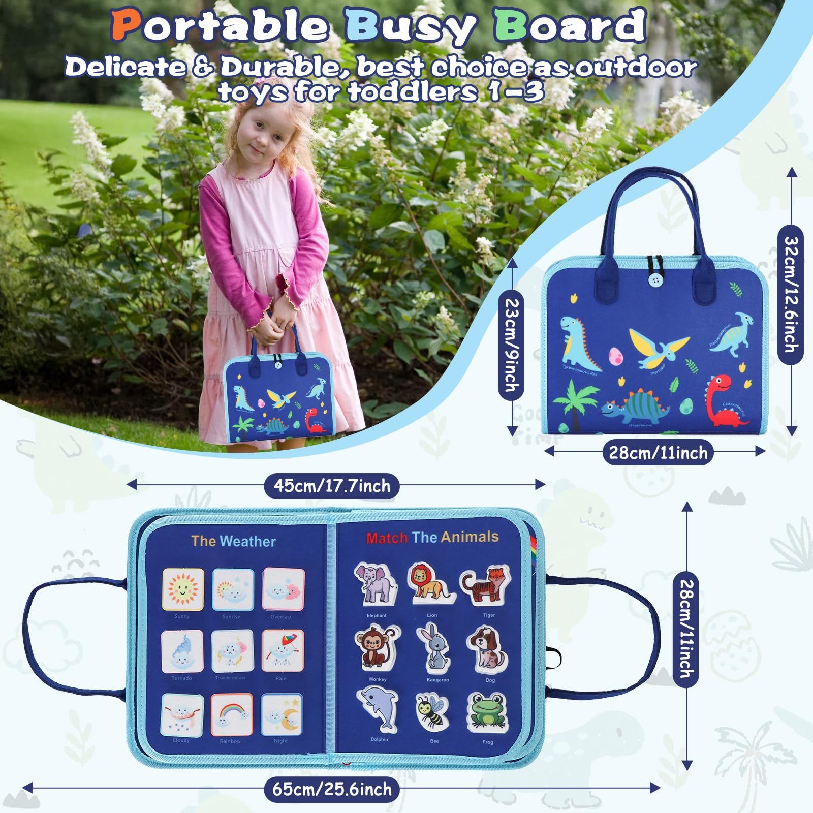 Montessori Busy Board for Toddlers 3-6, Dinosaur Theme Sensory Educational Toy for Fine Motor Skills, Travel Friendly for Airplane and Car, Gift for Boys Girls