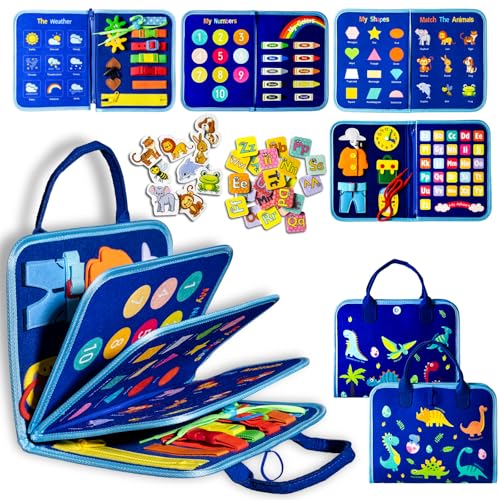 Montessori Busy Board for Toddlers 3-6, Dinosaur Theme Sensory Educational Toy for Fine Motor Skills, Travel Friendly for Airplane and Car, Gift for Boys Girls