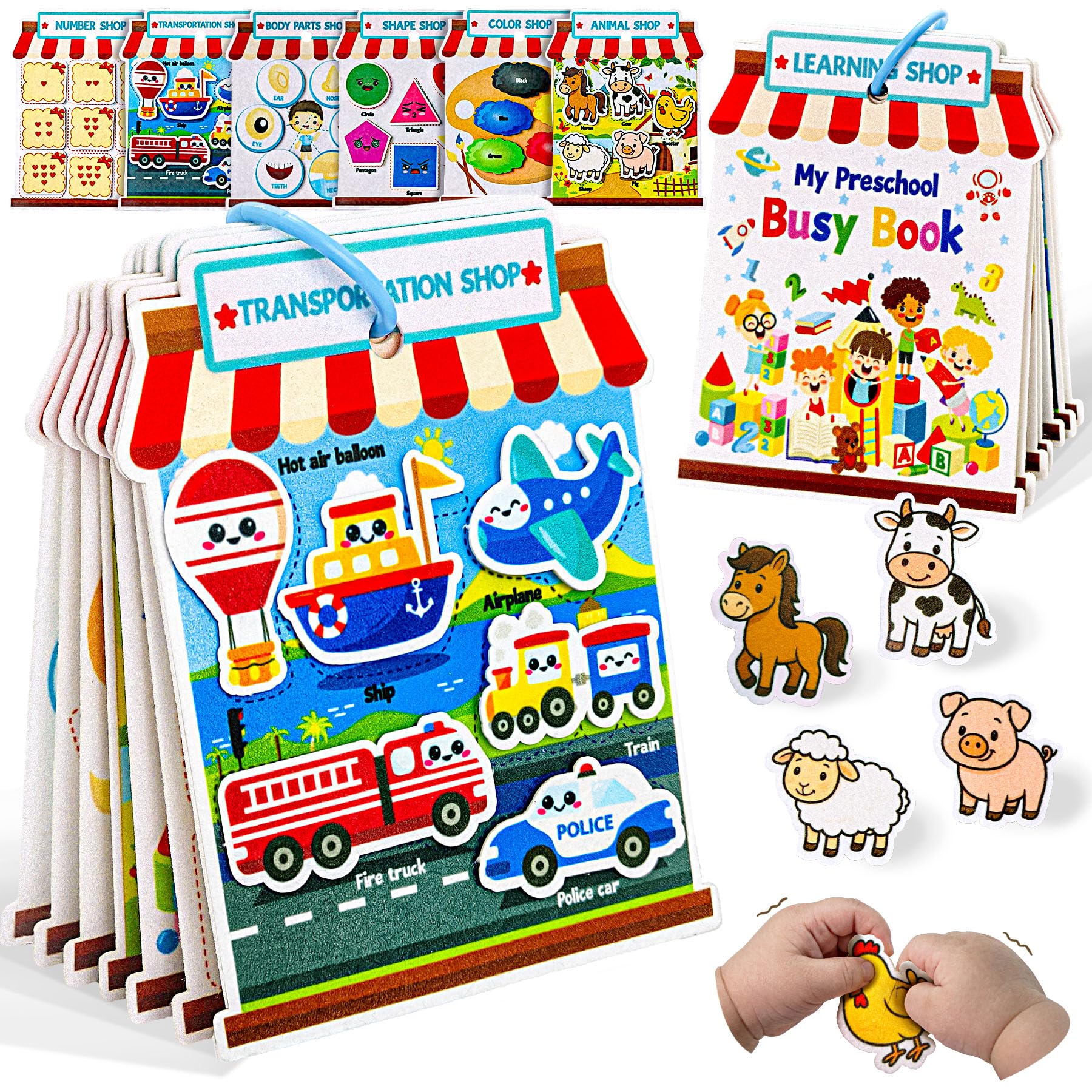 Montessori Felt Busy Book for Toddlers 1-3 – 6 Theme Learning Activities, Portable Travel Toy