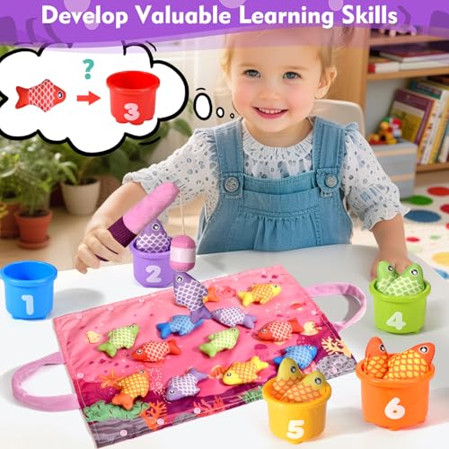 Montessori Fishing Toy for 1 Year Old Girl – Pink Cloth Set with 12 Fish & Stackable Buckets