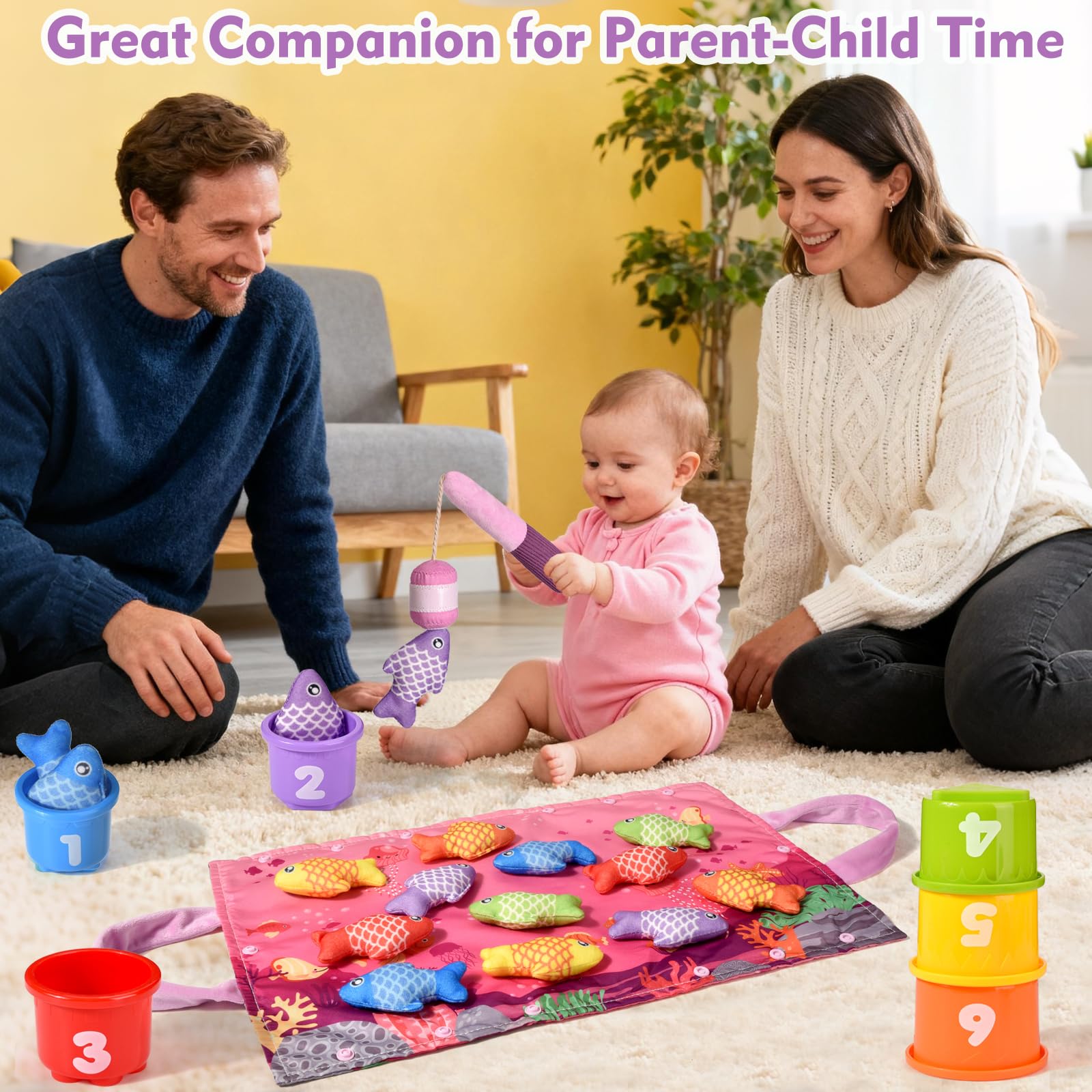 Montessori Fishing Toy for 1 Year Old Girl – Pink Cloth Set with 12 Fish & Stackable Buckets