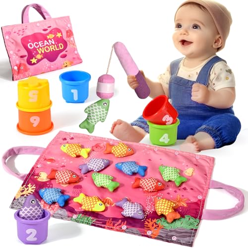 Montessori Fishing Toy for 1 Year Old Girl – Pink Cloth Set with 12 Fish & Stackable Buckets