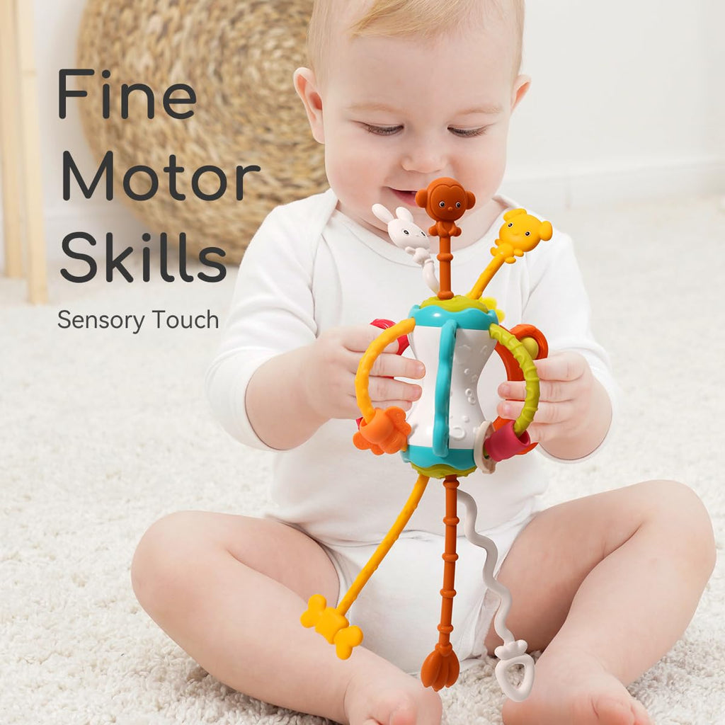 Montessori Silicone Pull String Travel Toy for Babies 6-12 Months - Toddler Airplane Car Seat Sensory Toy