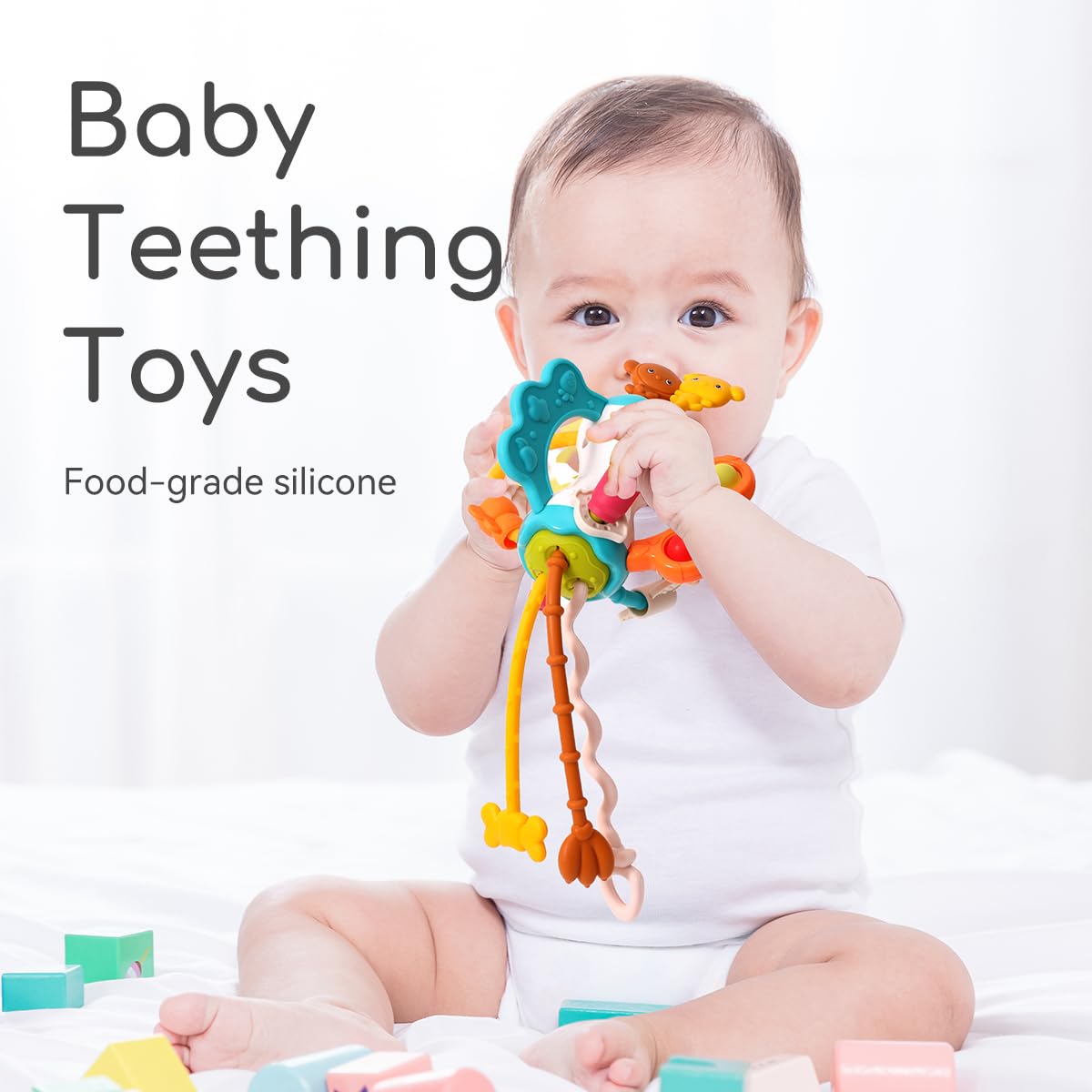 Montessori Silicone Pull String Travel Toy for Babies 6-12 Months - Toddler Airplane Car Seat Sensory Toy