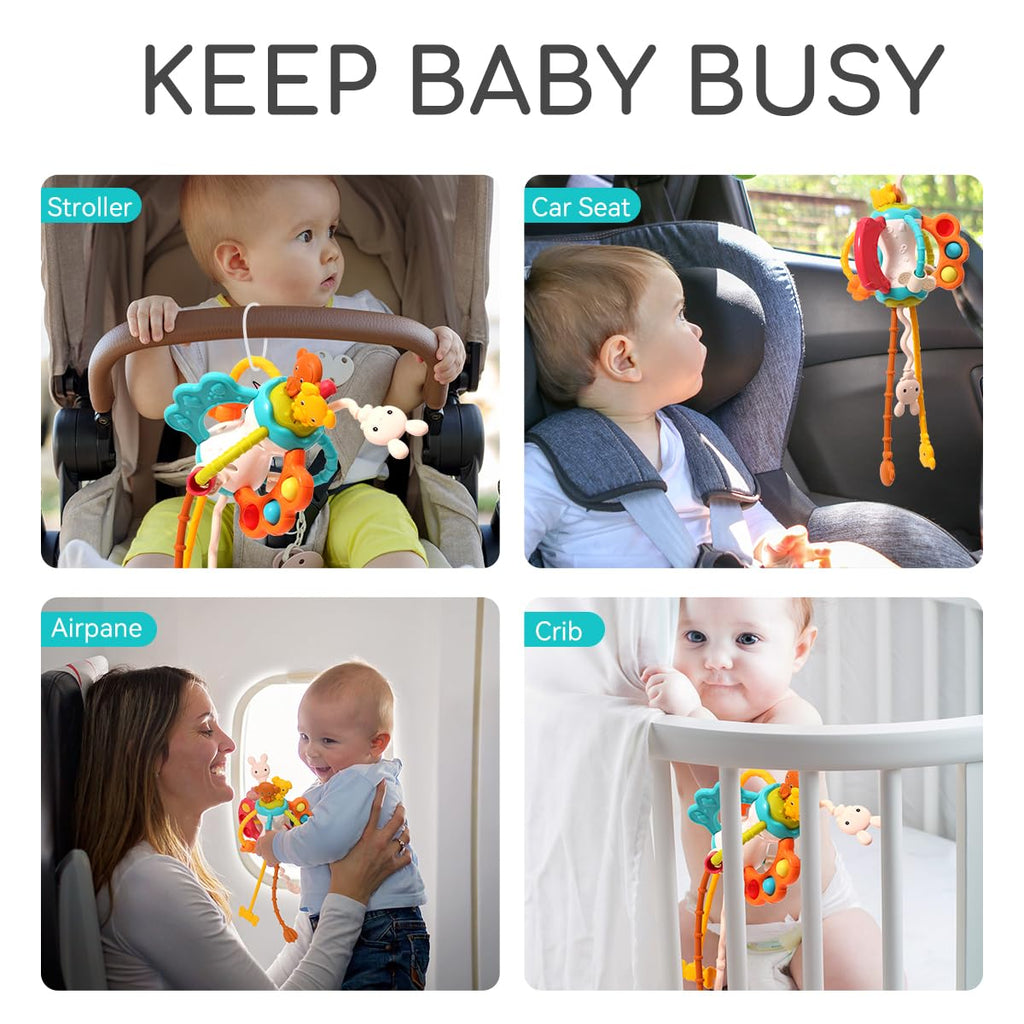 Montessori Silicone Pull String Travel Toy for Babies 6-12 Months - Toddler Airplane Car Seat Sensory Toy