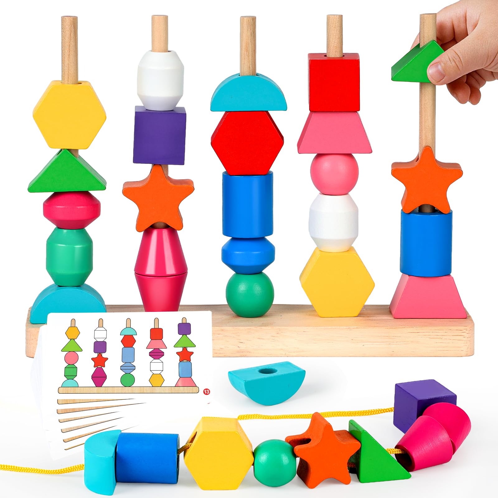 Montessori Threading Beads Set for Toddlers 3-5: Wooden Lacing & Sequencing Toy with Pattern Cards