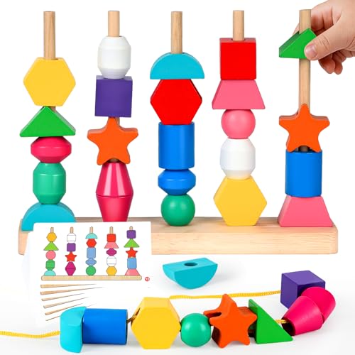 Montessori Threading Beads Set for Toddlers 3-5: Wooden Lacing & Sequencing Toy with Pattern Cards