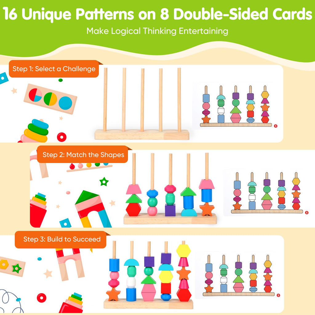Montessori Threading Beads Set for Toddlers 3-5: Wooden Lacing & Sequencing Toy with Pattern Cards
