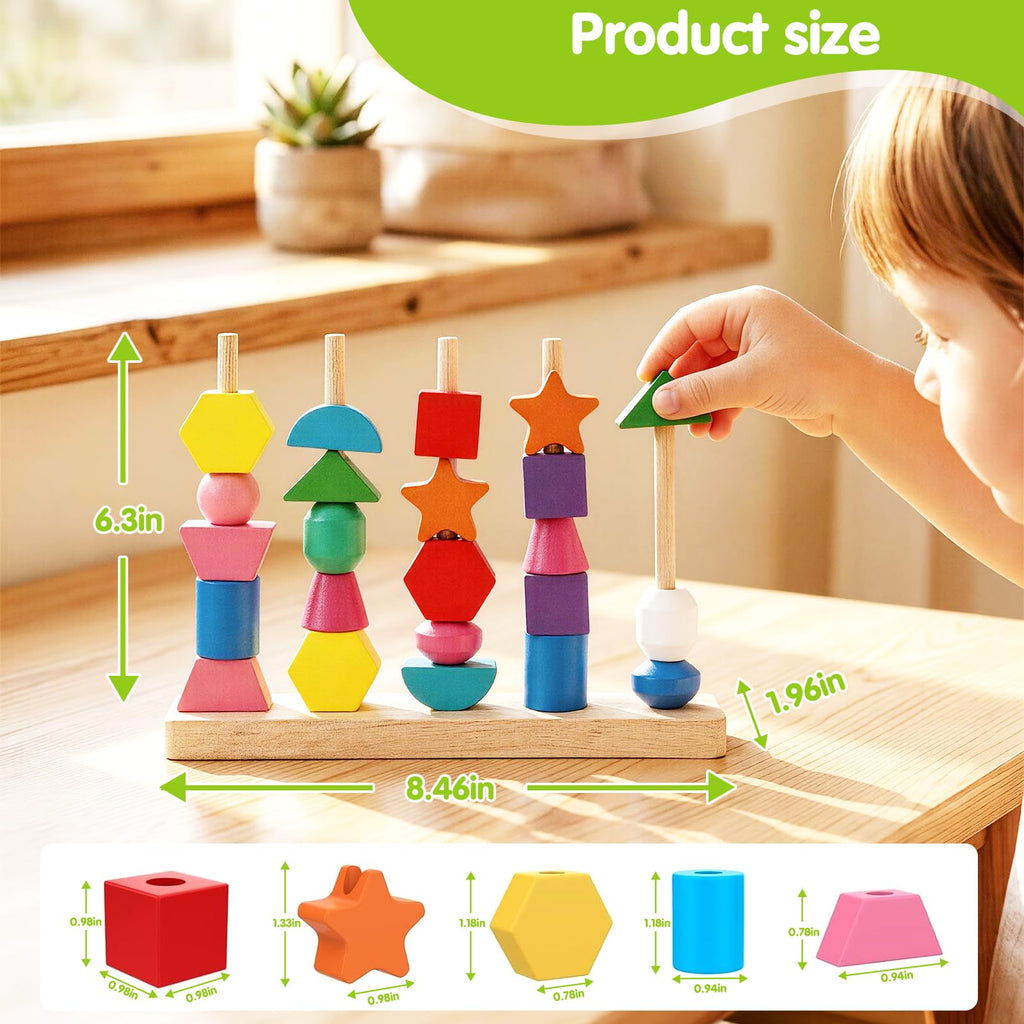 Montessori Threading Beads Set for Toddlers 3-5: Wooden Lacing & Sequencing Toy with Pattern Cards