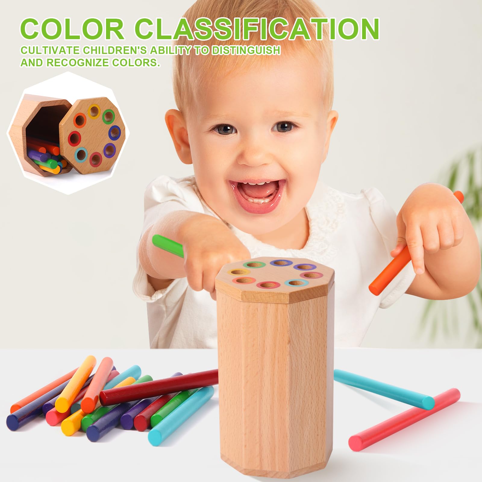 Montessori Wooden Color Sorting Sticks Toy – Fine Motor Skills, Beech Wood, Octagonal Design for Toddlers 12 Months+