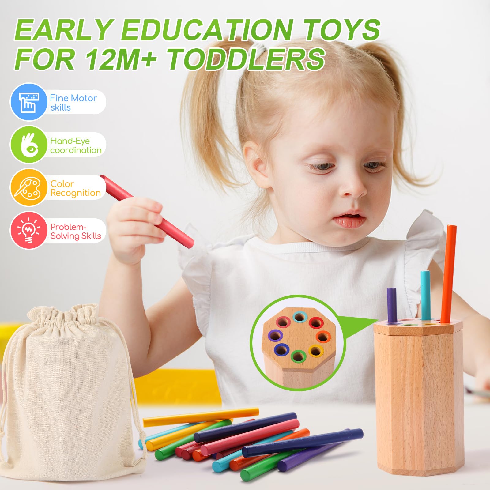 Montessori Wooden Color Sorting Sticks Toy – Fine Motor Skills, Beech Wood, Octagonal Design for Toddlers 12 Months+