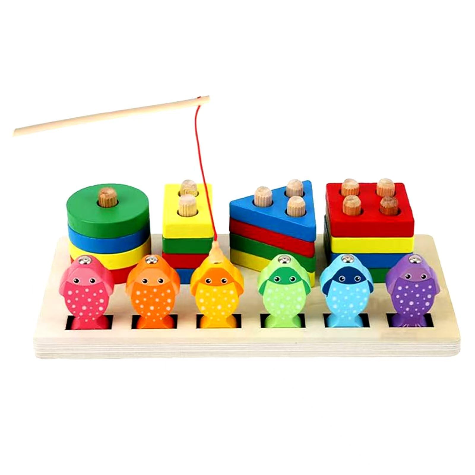 Montessori Wooden Sorting & Stacking Toy – Shape Sorter with Fishing Game for Toddlers 1-3