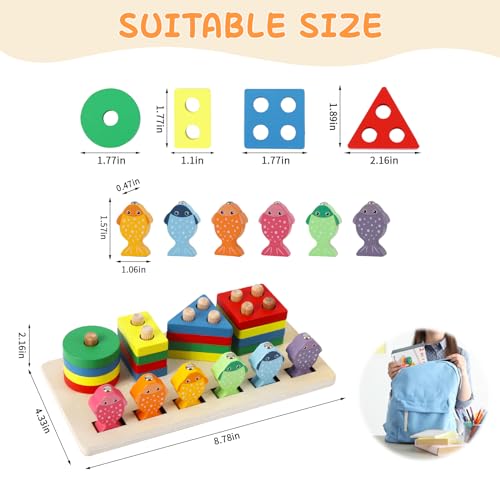 Montessori Wooden Sorting & Stacking Toy – Shape Sorter with Fishing Game for Toddlers 1-3