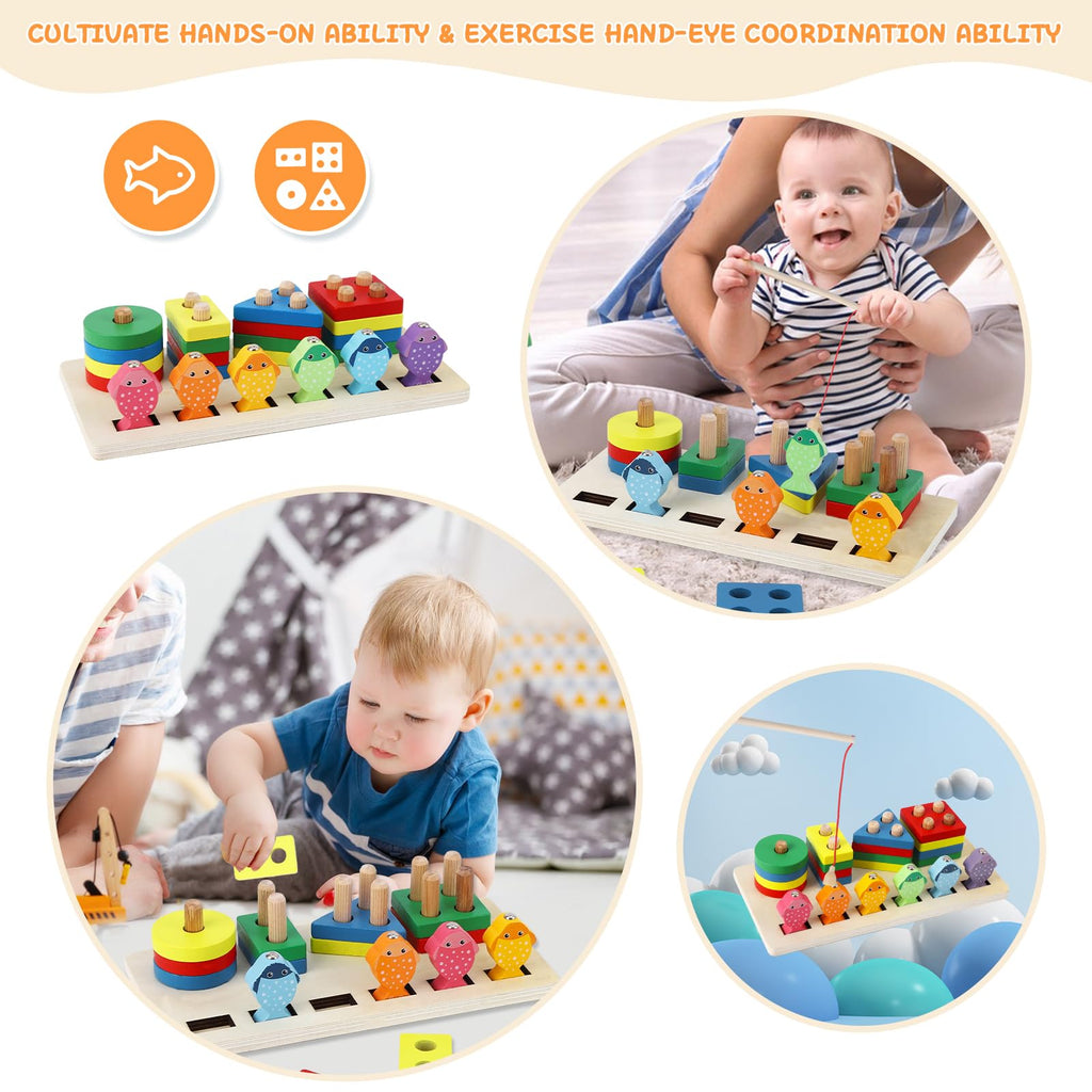 Montessori Wooden Sorting & Stacking Toy – Shape Sorter with Fishing Game for Toddlers 1-3