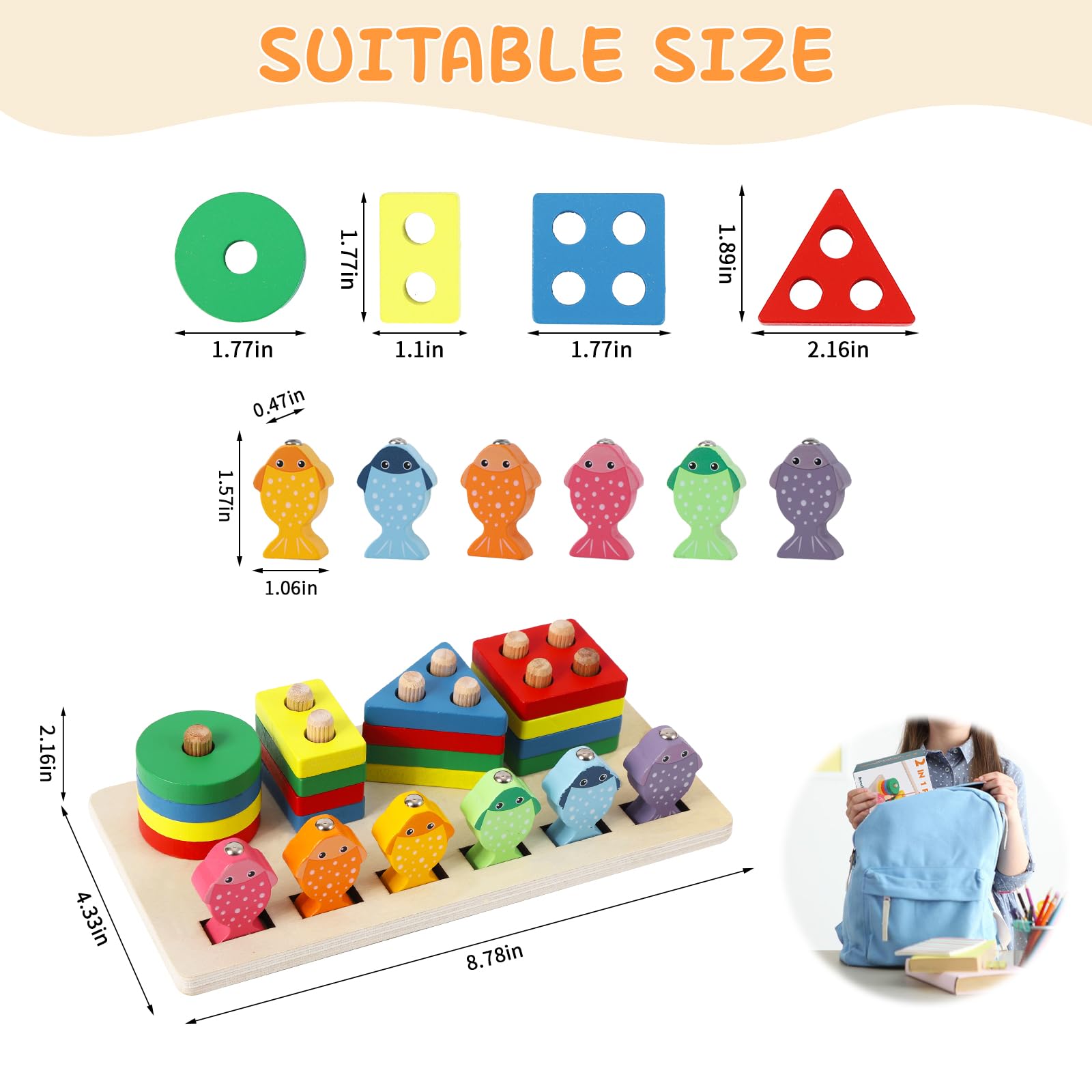 Montessori Wooden Sorting & Stacking Toy – Shape Sorter with Fishing Game for Toddlers 1-3