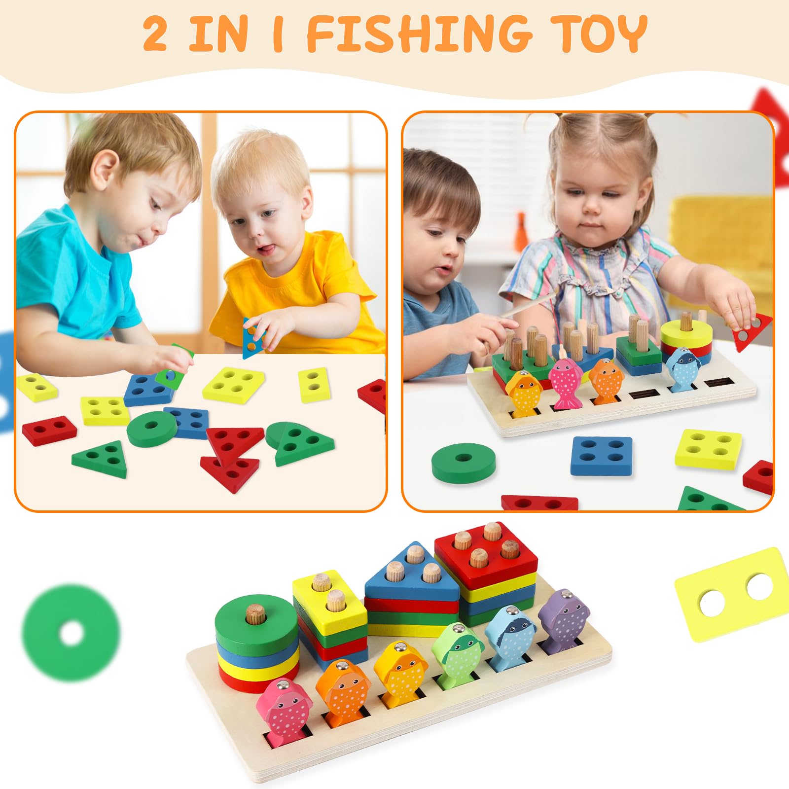 Montessori Wooden Sorting & Stacking Toy – Shape Sorter with Fishing Game for Toddlers 1-3