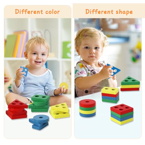 Montessori Wooden Sorting & Stacking Toy – Shape Sorter with Fishing Game for Toddlers 1-3