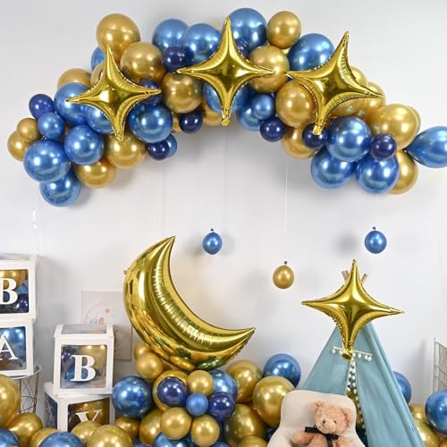 Moon and Star Balloons 36-Inch Gold Foil Moon with 18-Inch Stars for New Year, Ramadan, Baby Shower Decorations