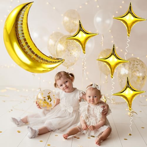 Moon and Star Balloons 36-Inch Gold Foil Moon with 18-Inch Stars for New Year, Ramadan, Baby Shower Decorations