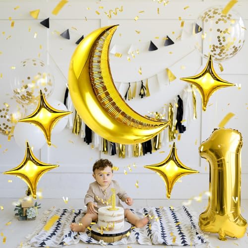 Moon and Star Balloons 36-Inch Gold Foil Moon with 18-Inch Stars for New Year, Ramadan, Baby Shower Decorations