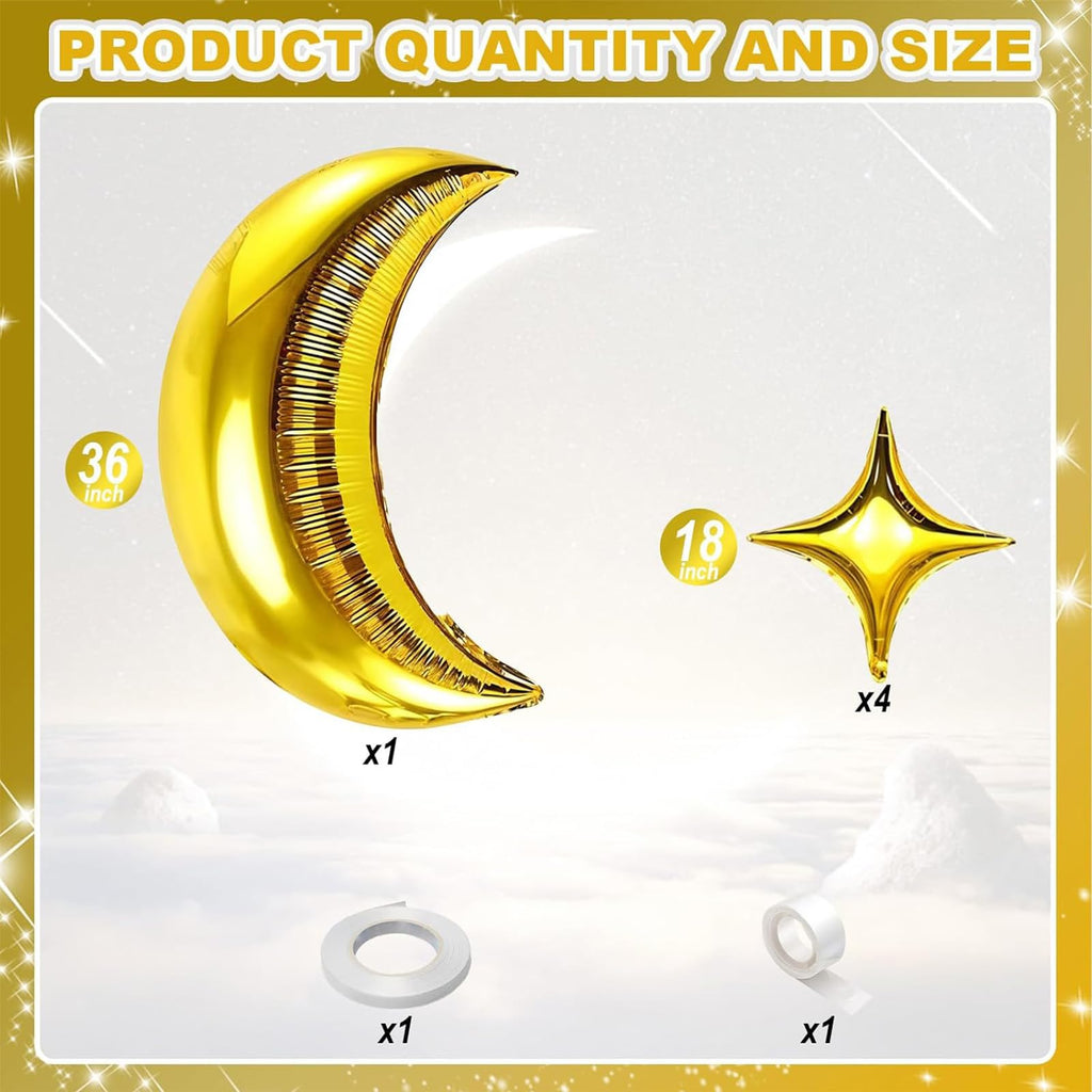 Moon and Star Balloons 36-Inch Gold Foil Moon with 18-Inch Stars for New Year, Ramadan, Baby Shower Decorations