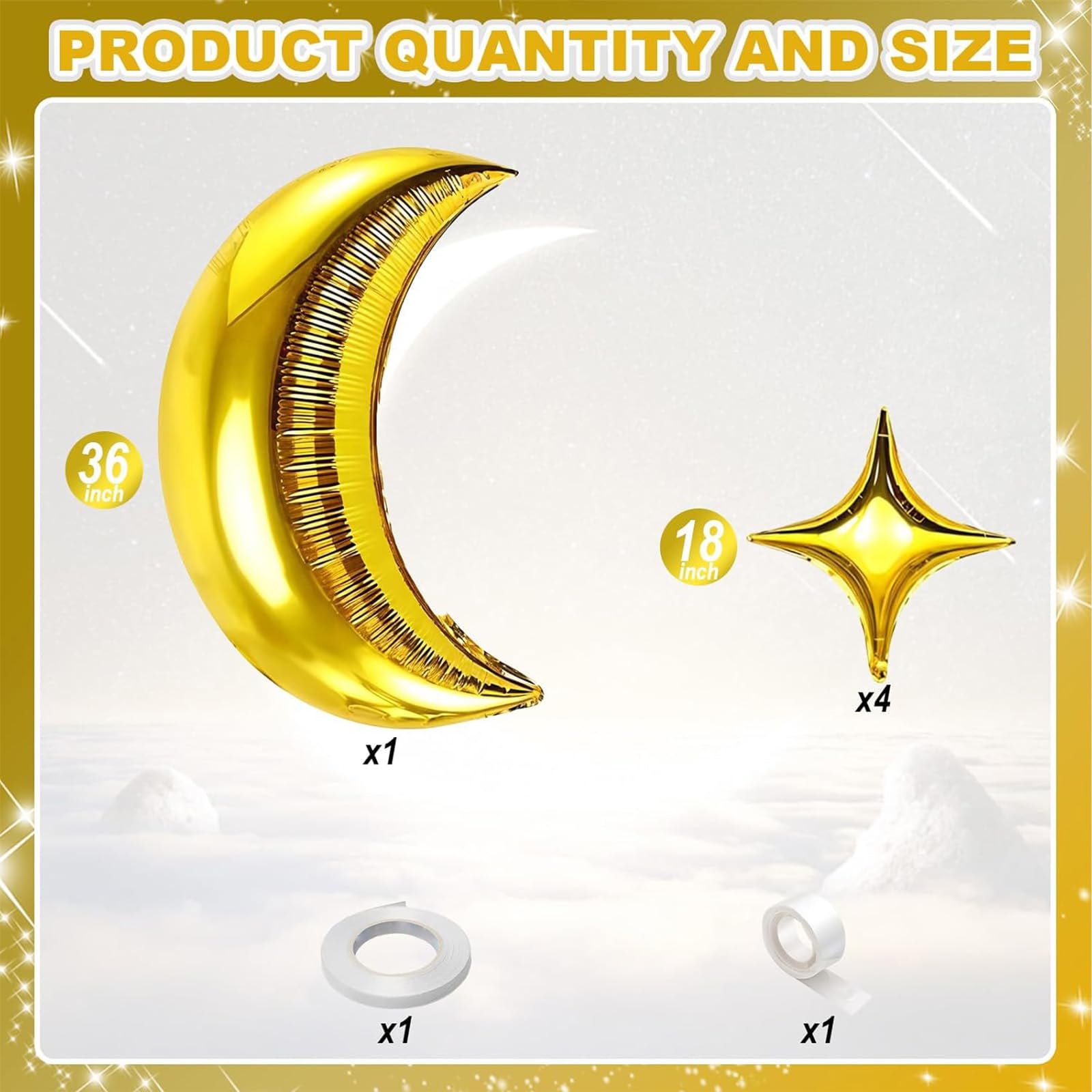 Moon and Star Balloons 36-Inch Gold Foil Moon with 18-Inch Stars for New Year, Ramadan, Baby Shower Decorations