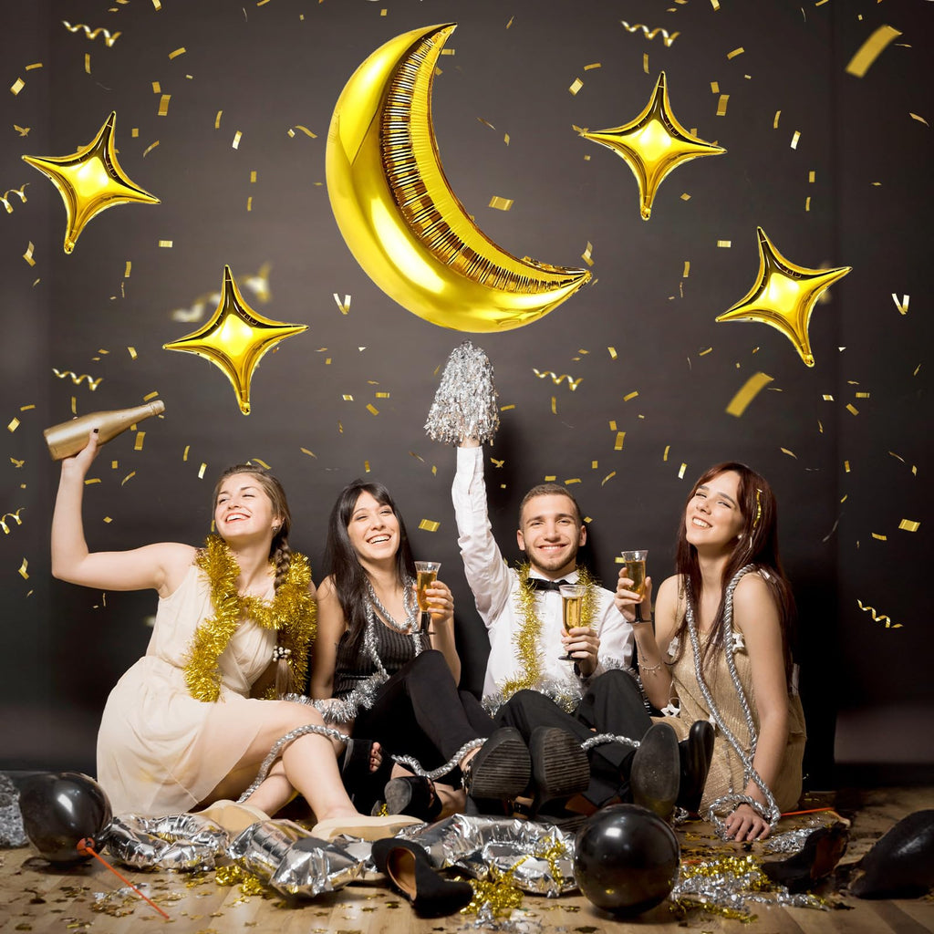 Moon and Star Balloons 36-Inch Gold Foil Moon with 18-Inch Stars for New Year, Ramadan, Baby Shower Decorations