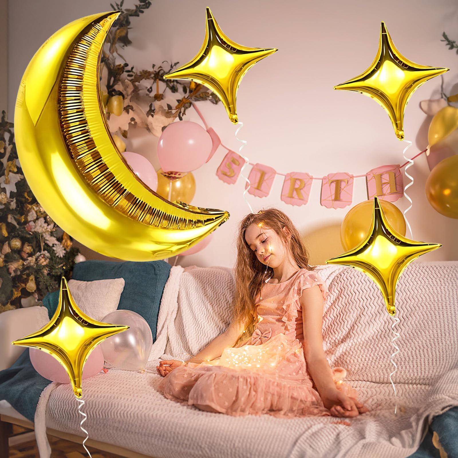 Moon and Star Balloons 36-Inch Gold Foil Moon with 18-Inch Stars for New Year, Ramadan, Baby Shower Decorations