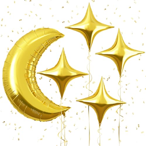 Moon and Star Balloons 36-Inch Gold Foil Moon with 18-Inch Stars for New Year, Ramadan, Baby Shower Decorations
