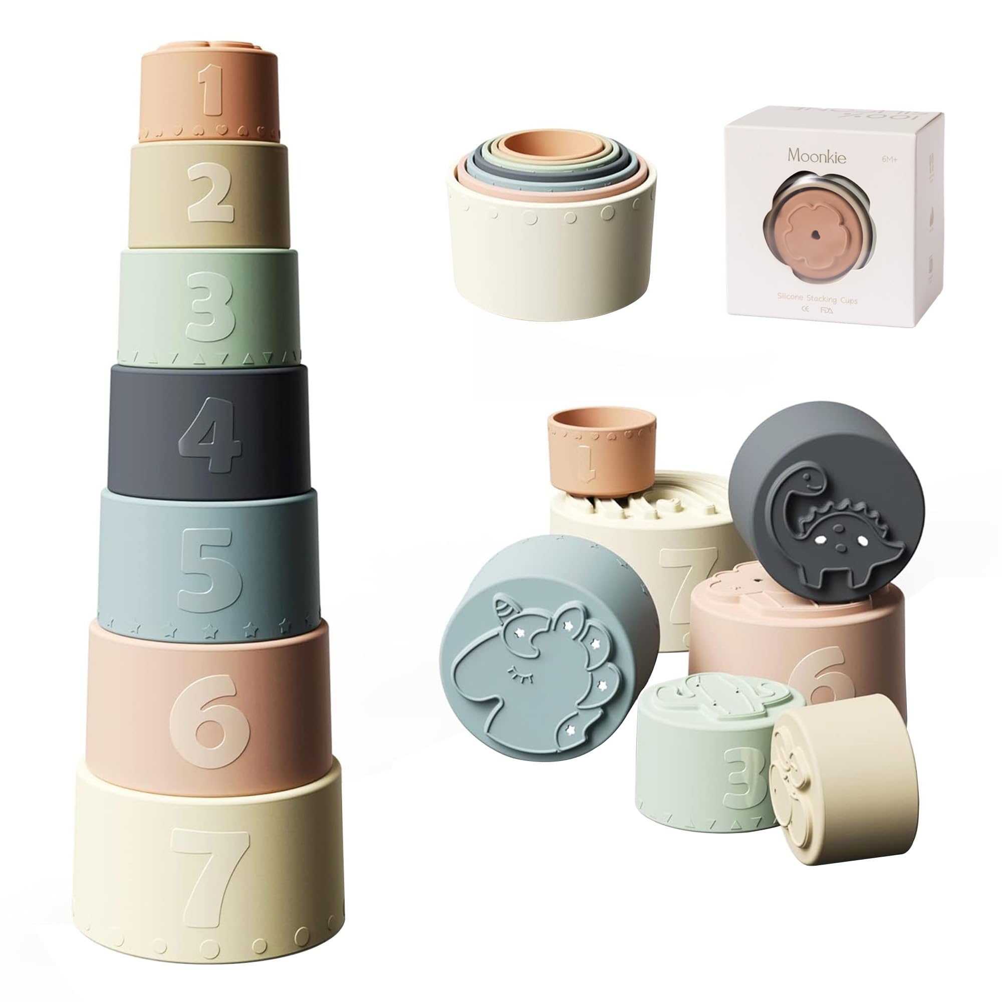 Moonkie Stacking Cups – 7-Piece Silicone Baby Toy for Teething, Bath, and Sensory Play (6+ Months)