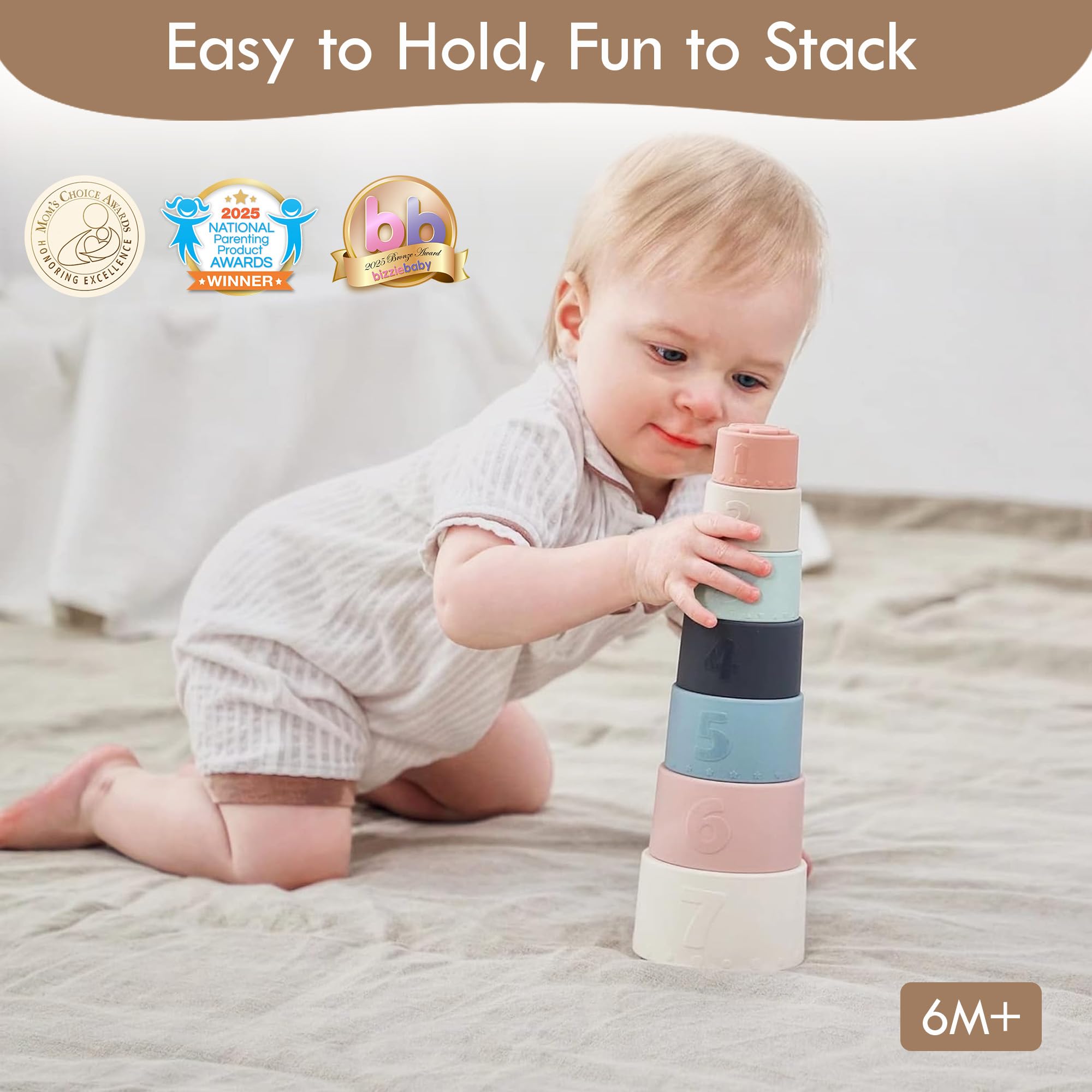 Moonkie Stacking Cups – 7-Piece Silicone Baby Toy for Teething, Bath, and Sensory Play (6+ Months)