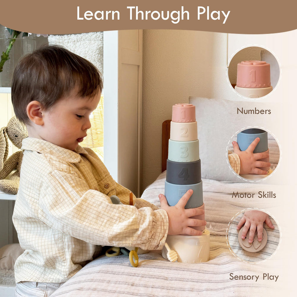 Moonkie Stacking Cups – 7-Piece Silicone Baby Toy for Teething, Bath, and Sensory Play (6+ Months)