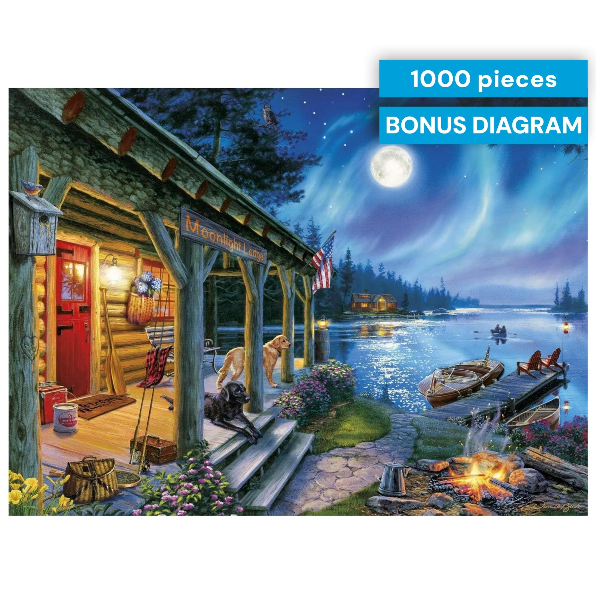 Moonlight Lodge 1000 Piece Jigsaw Puzzle - Buffalo Games Scenic Night Landscape with Poster