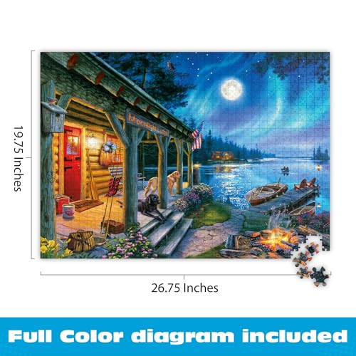 Moonlight Lodge 1000 Piece Jigsaw Puzzle - Buffalo Games Scenic Night Landscape with Poster
