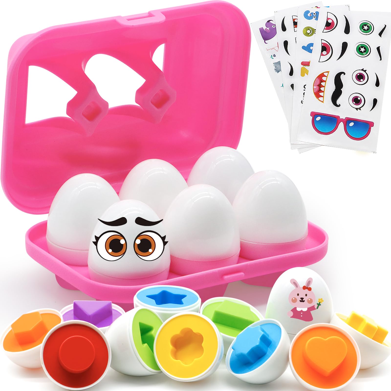 MOONTOY Toddler Matching Eggs Toy - 6 Color Shape Sorter with Stickers, Easter Gift for 1-3 Year Old