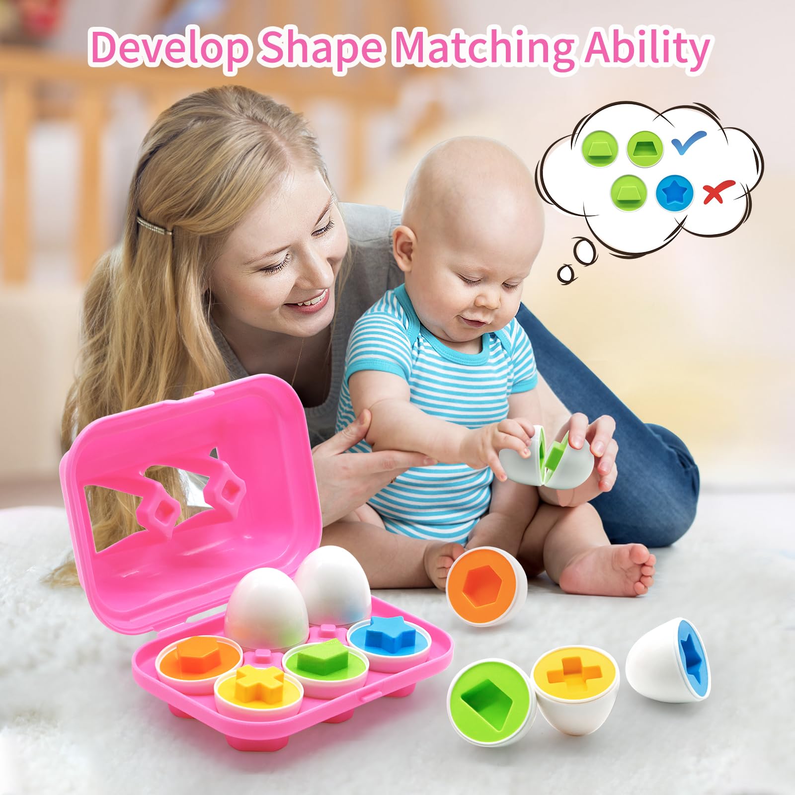 MOONTOY Toddler Matching Eggs Toy - 6 Color Shape Sorter with Stickers, Easter Gift for 1-3 Year Old