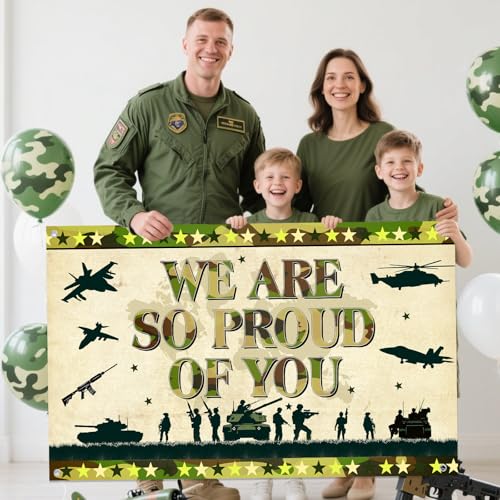 MOORIIY Army Camouflage Banner - We Are So Proud Of You, 72.8x43.3 Inch Polyester Patriotic Decor for Memorial Day, Veterans Day, Homecoming