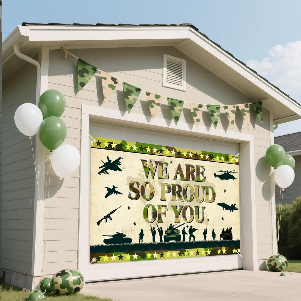 MOORIIY Army Camouflage Banner - We Are So Proud Of You, 72.8x43.3 Inch Polyester Patriotic Decor for Memorial Day, Veterans Day, Homecoming