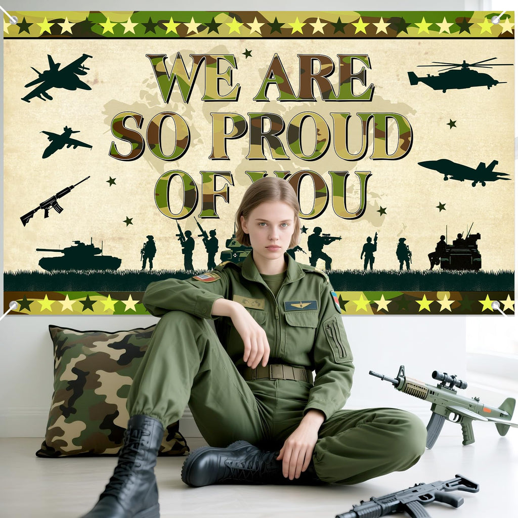 MOORIIY Army Camouflage Banner - We Are So Proud Of You, 72.8x43.3 Inch Polyester Patriotic Decor for Memorial Day, Veterans Day, Homecoming