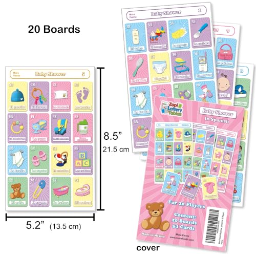 More Fiesta Baby Shower Bingo Game in Spanish – 20 Boards, 54 Cards for 20 Players