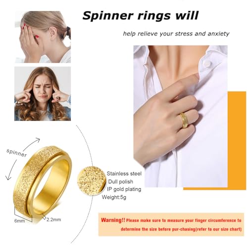 MOROYA 5-Piece 18K Gold Plated Fidget Rings Set - Stainless Steel Spinner Rings for Anxiety, Butterfly Chain & CZ Styles for Women and Men