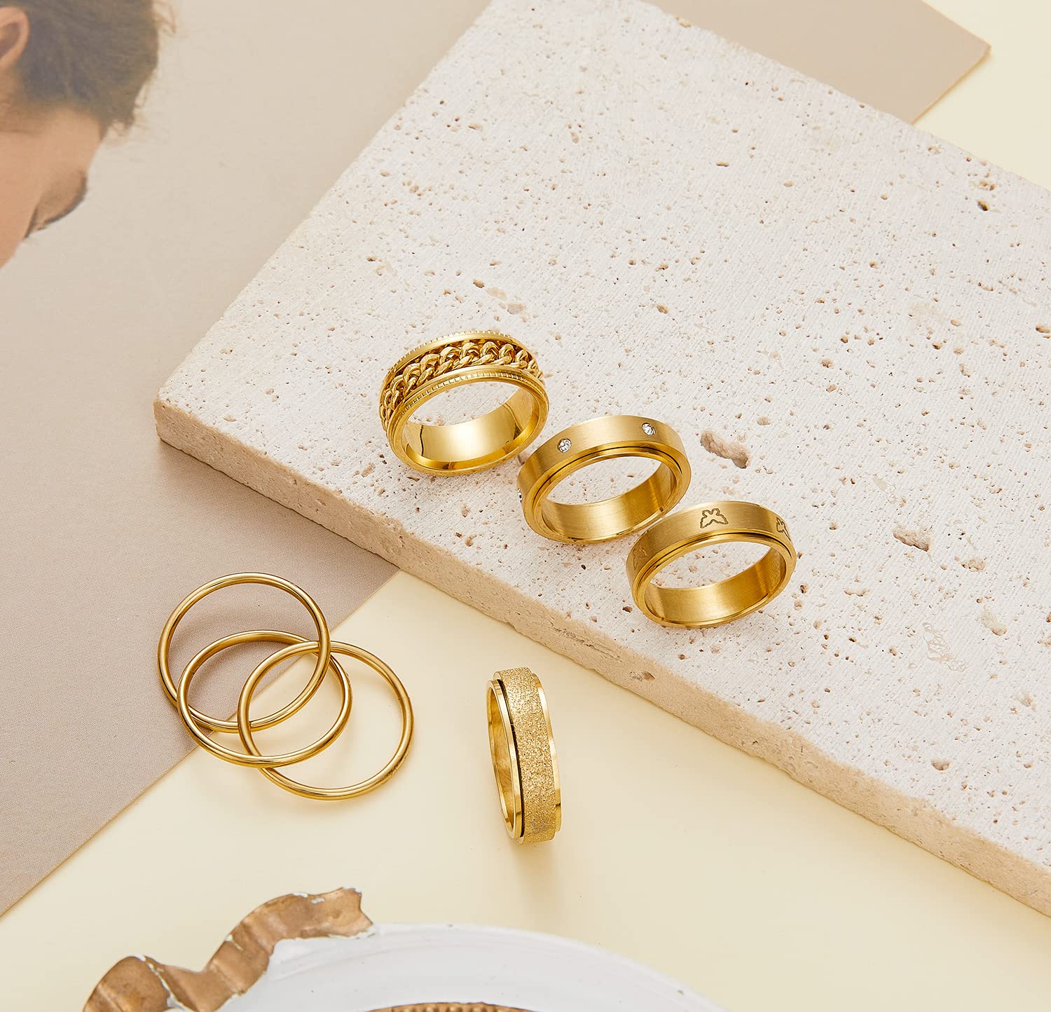 MOROYA 5-Piece 18K Gold Plated Fidget Rings Set – Stainless Steel Spinner Rings for Anxiety Relief (Size 8)