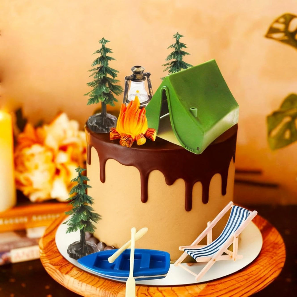 Morruo Miniature Camping Scene Set – Green Tent, Campfire, Boat & Trees Plastic Cake Topper