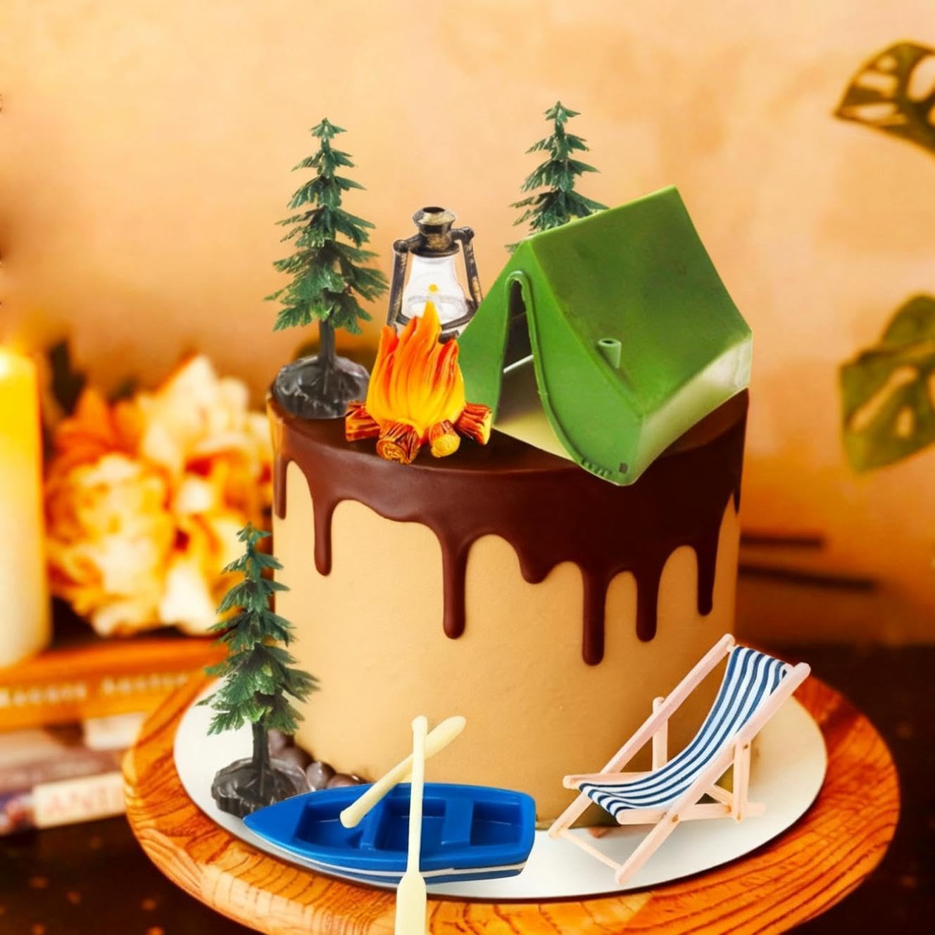 Morruo Miniature Camping Scene Set – Green Tent, Campfire, Boat & Trees Plastic Cake Topper
