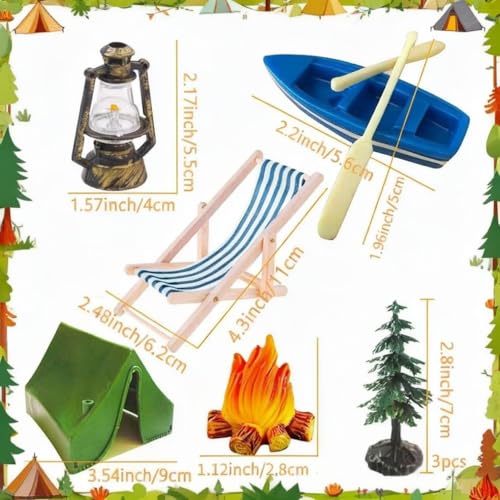 Morruo Miniature Camping Scene Set – Green Tent, Campfire, Boat & Trees Plastic Cake Topper
